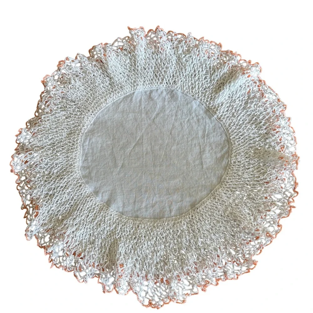 VNTG Cottagecore Shabby Chic Round Doily Peach White Crochet Layered Edge Trim